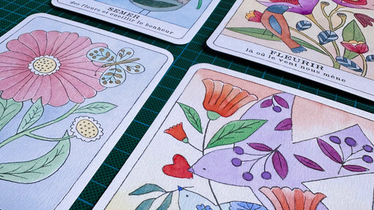 Cartes illustrées Mini labo coloriées à l’aquarelle avec les palettes Maison Banane